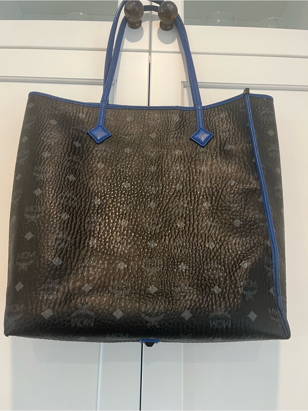 MCM Blue-Trim Black Designer Tote Bag and pouchette